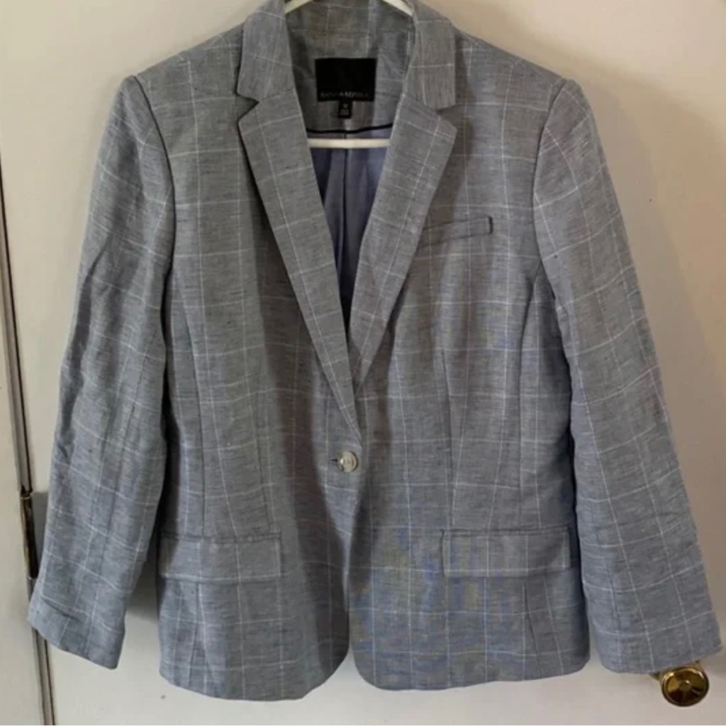 Banana Republic Blue Windowpane Lined Linen Blazer Size 12